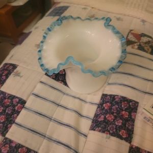 Aqua blue and milk glass crippled hat fenton hat vase